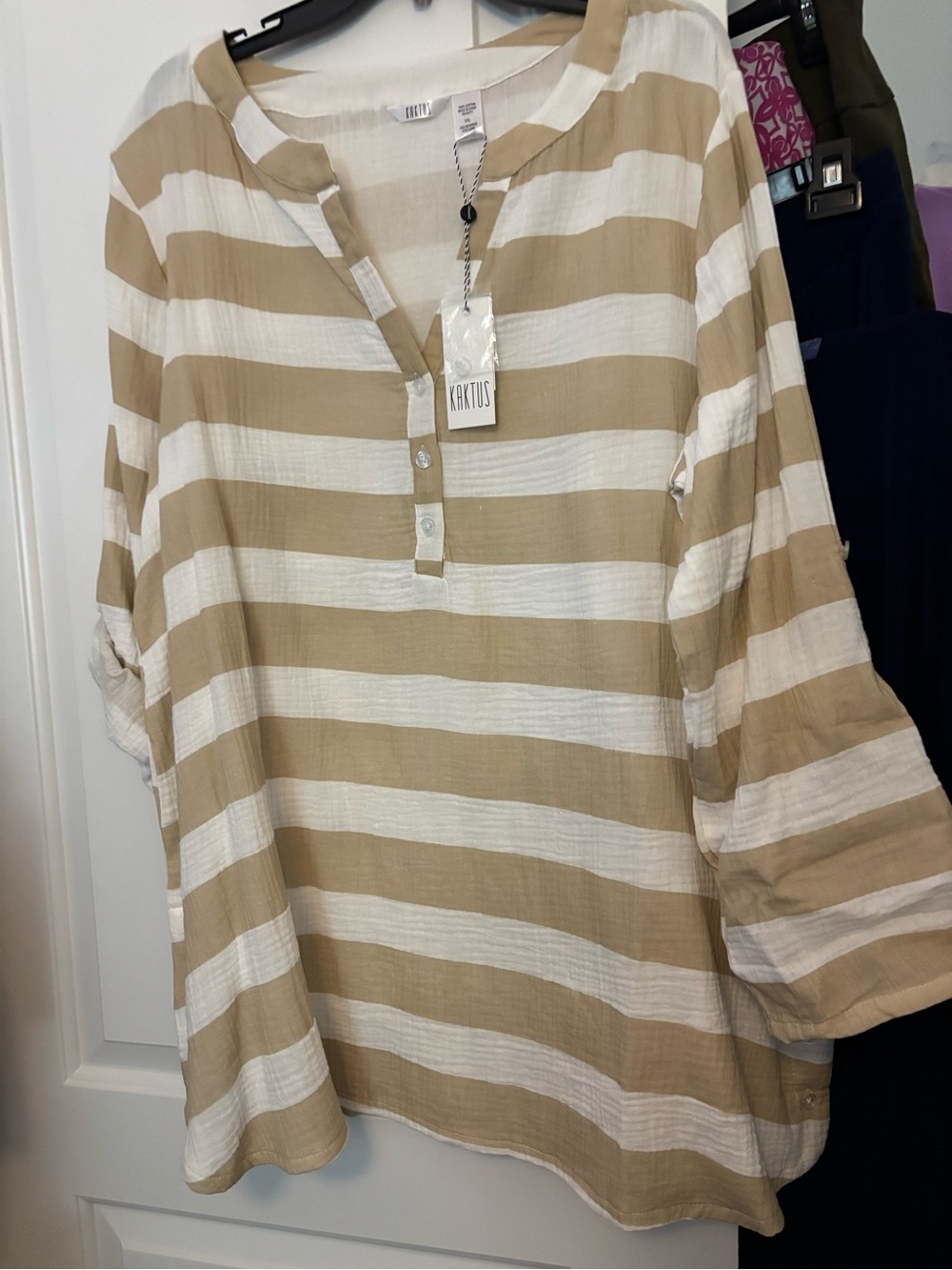 Kaktus Men's Beige and White Striped Casual Button-Down Shirt